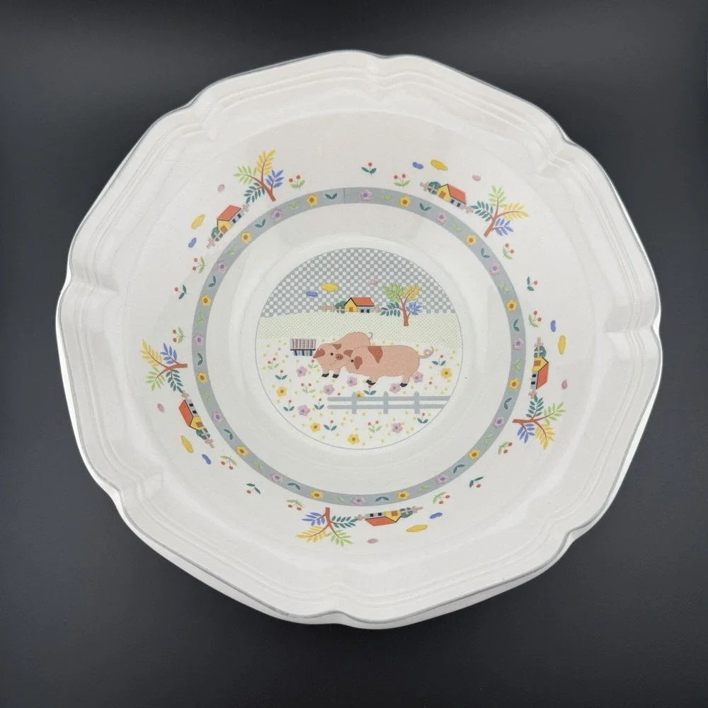 Vintage Hankook Pig Farm Design Serving Bowl 9 Inch Ceramic Large Salad Bowl